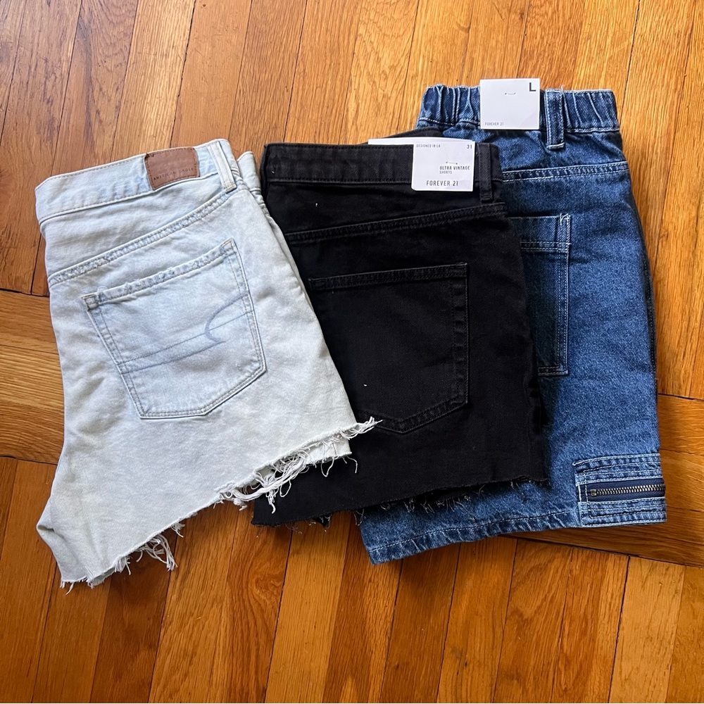 NEW with tags F21 Denim Shorts Trio in Black, Light Blue, and Black Large/12